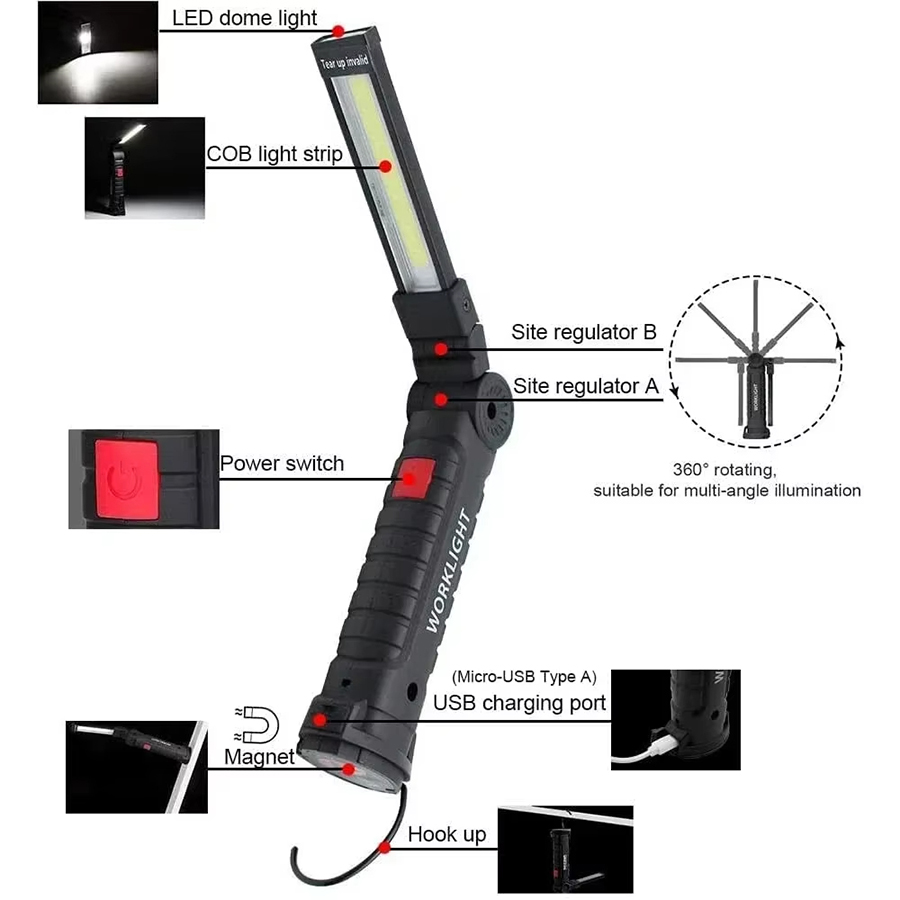 마그네틱 후크가있는 휴대용 LED 손전등 야외 수리 작 - Outdoor Lighting Electric 리뷰 및 가격